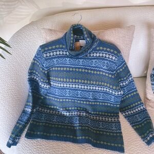 Vintage Blue and Green Patterned Women's Villager Sport turtleneck sweater